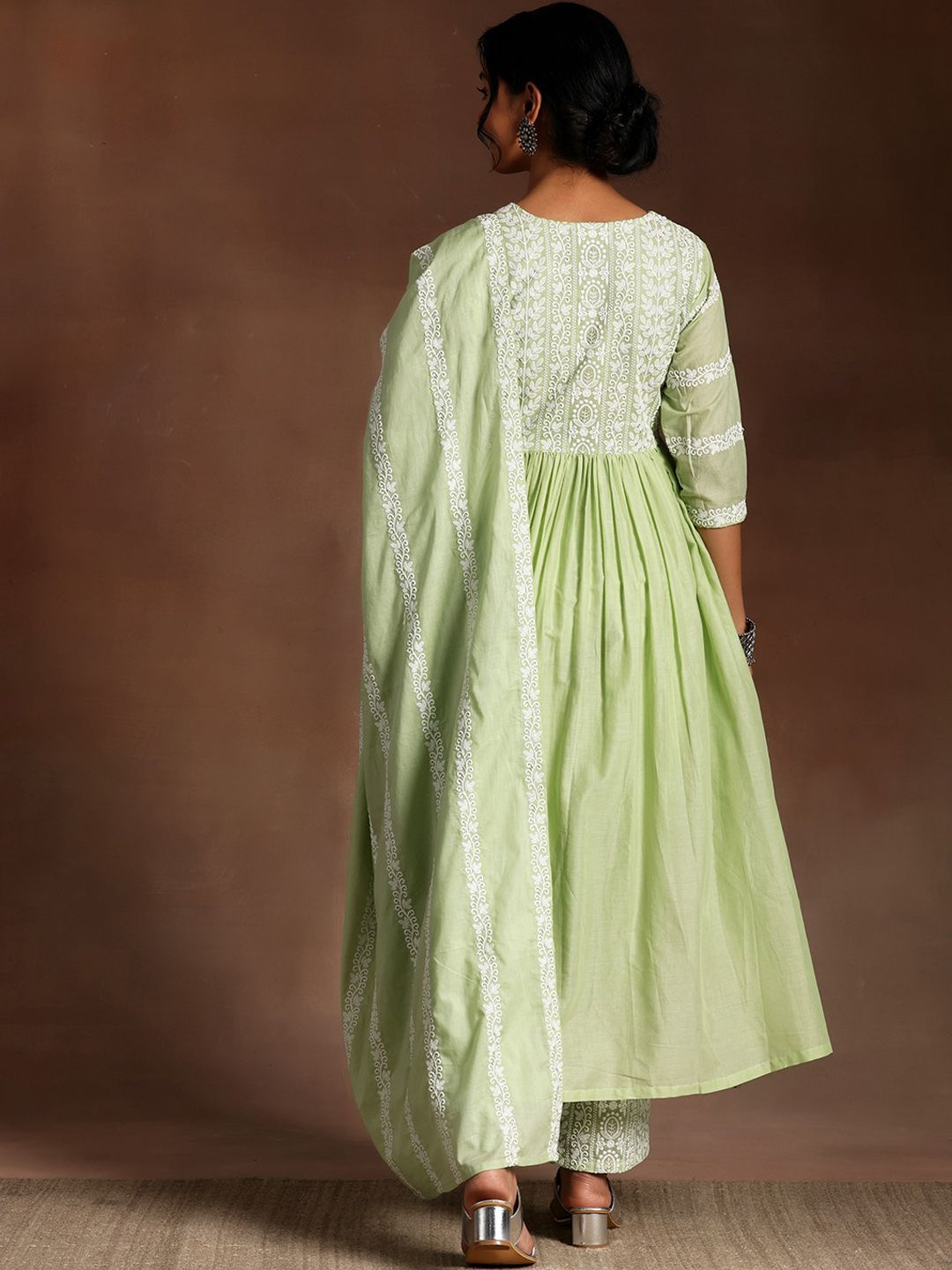 Motif Etnik Libas Tinggi Benang Celah Tinggi Kurta Kapas Murni Dengan Palazzos & Dupatta