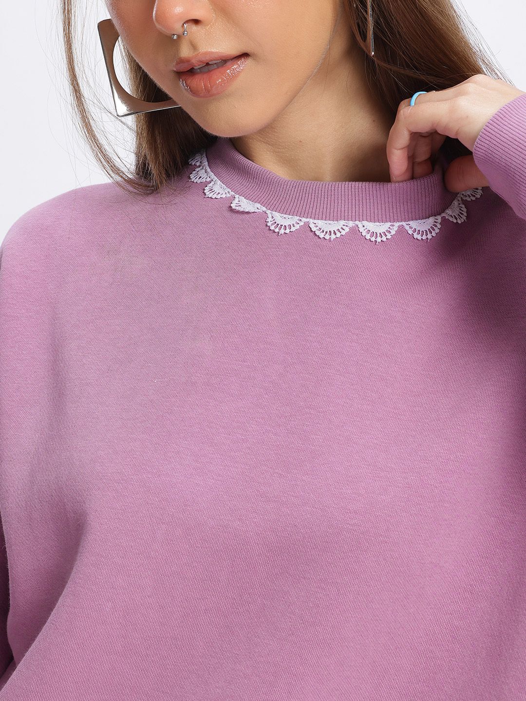 DressBerry Lace Insert Detail Drop-Shoulder Sleeve Sweatshirt