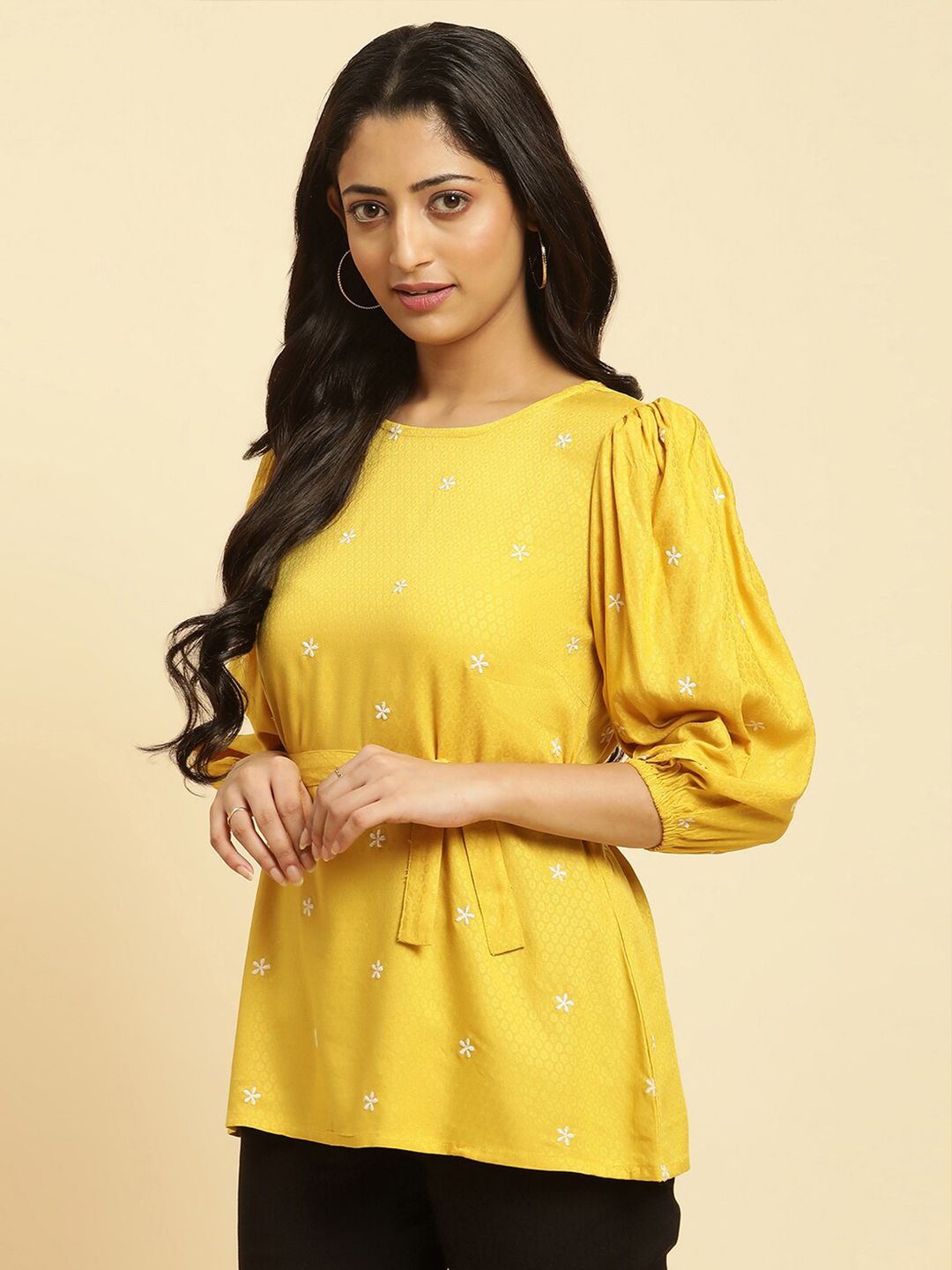 W Floral Embroidered Cinched Waist Top