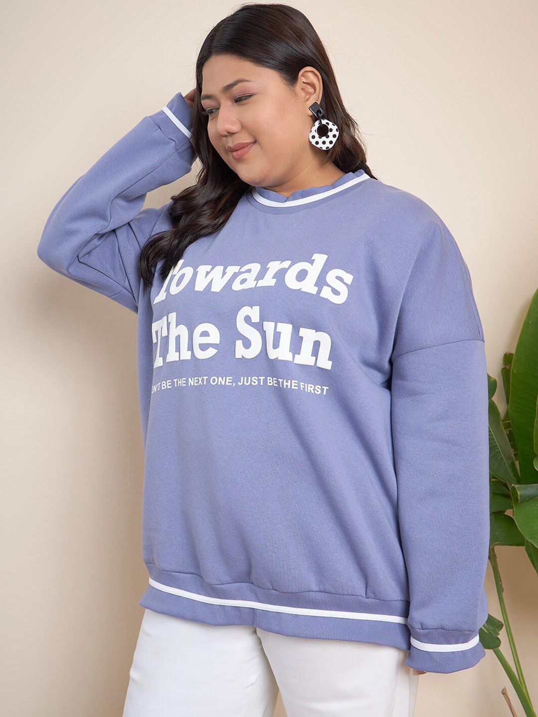 CURVY STREET Plus Size Typography Printed Pure Cotton Pullover