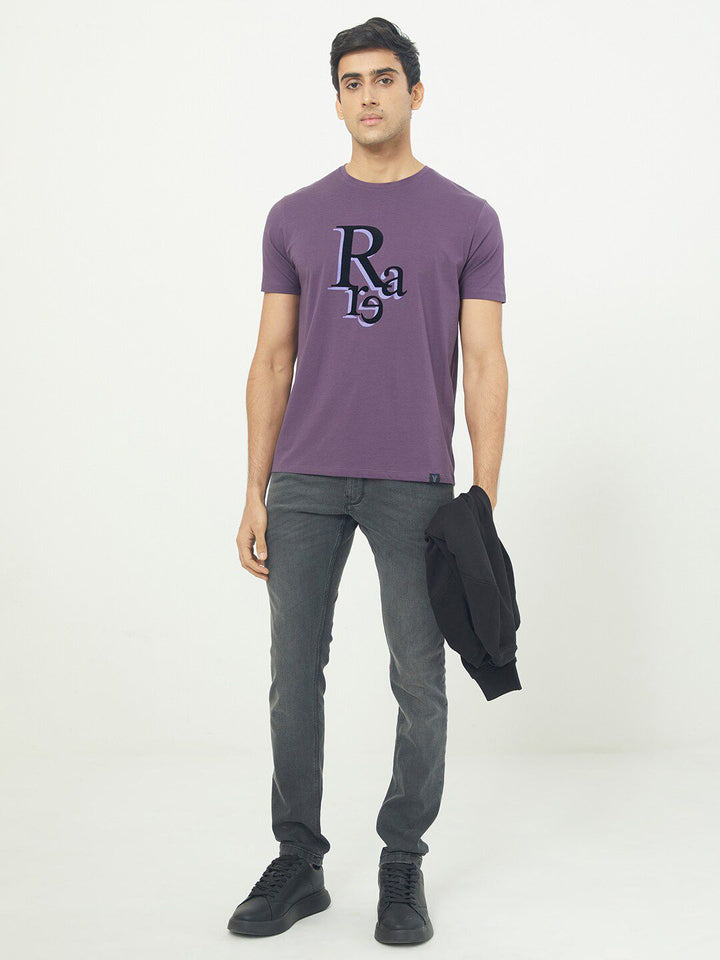 RARE RABBIT Men Cero Typography Printed Slim Fit Cotton T-Shirt