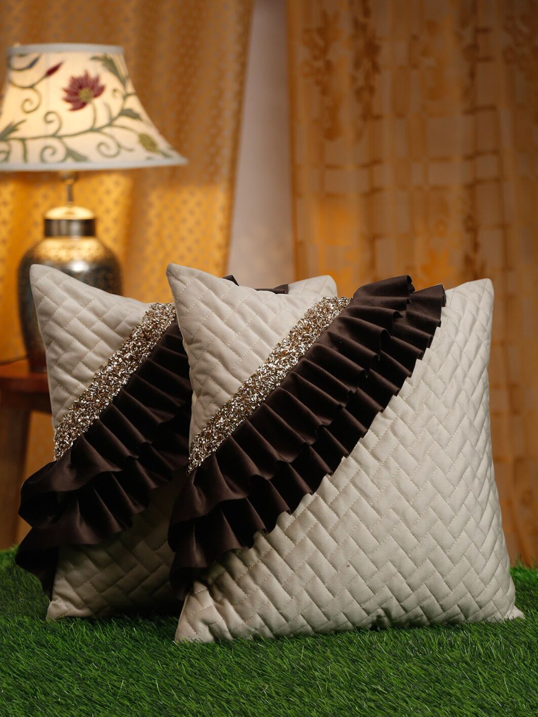 HOSTA HOMES Off White & Brown 2 Pieces Embellished Square Cushion Covers