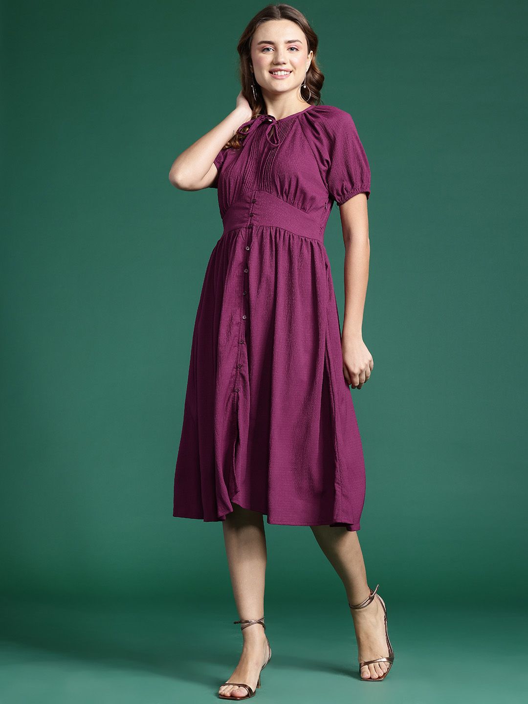 DressBerry Tie-Up Neck Puff Sleeve Fit & Flare Dress