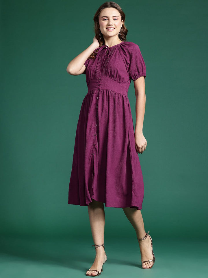 DressBerry Tie-Up Neck Puff Sleeve Fit & Flare Dress