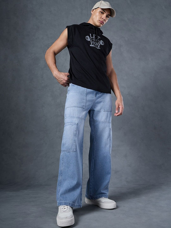 Bewakoof Men's Blue Baggy Cargo Carpenter Mid-Rise Jeans