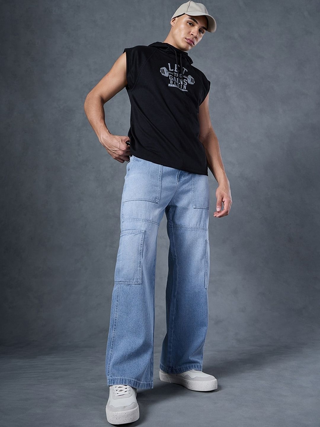 Bewakoof Men's Blue Baggy Cargo Carpenter Mid-Rise Jeans
