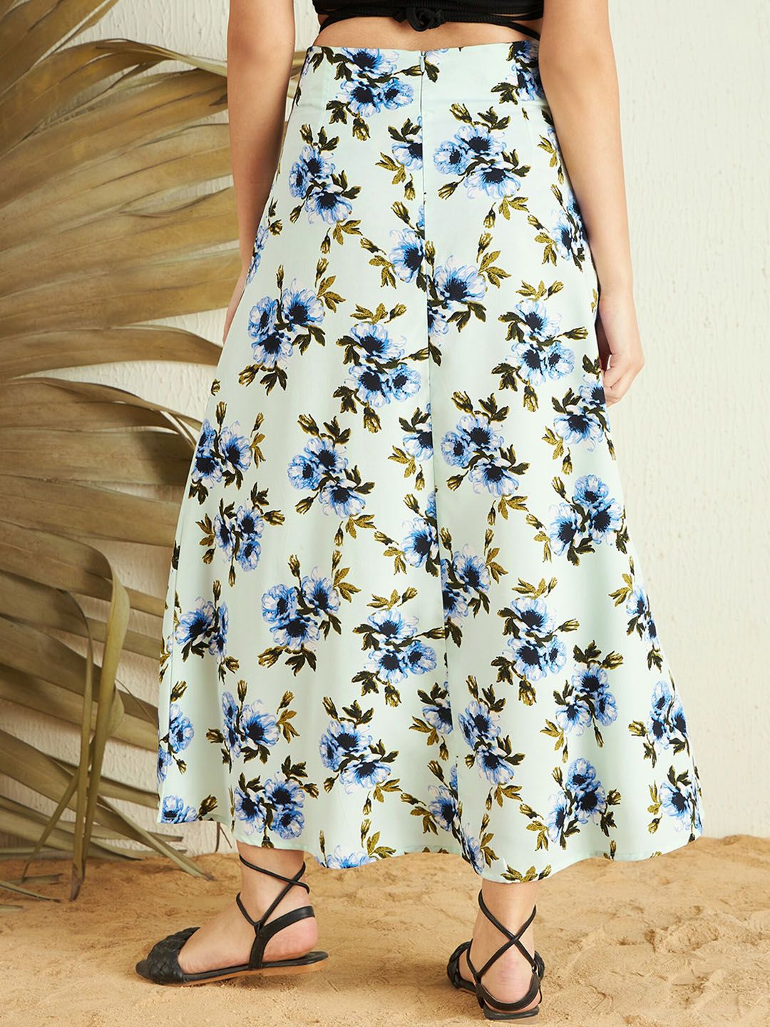 Berrylush Green Blue Floral Printed High Rise Side Slit A-Line Maxi Skirt