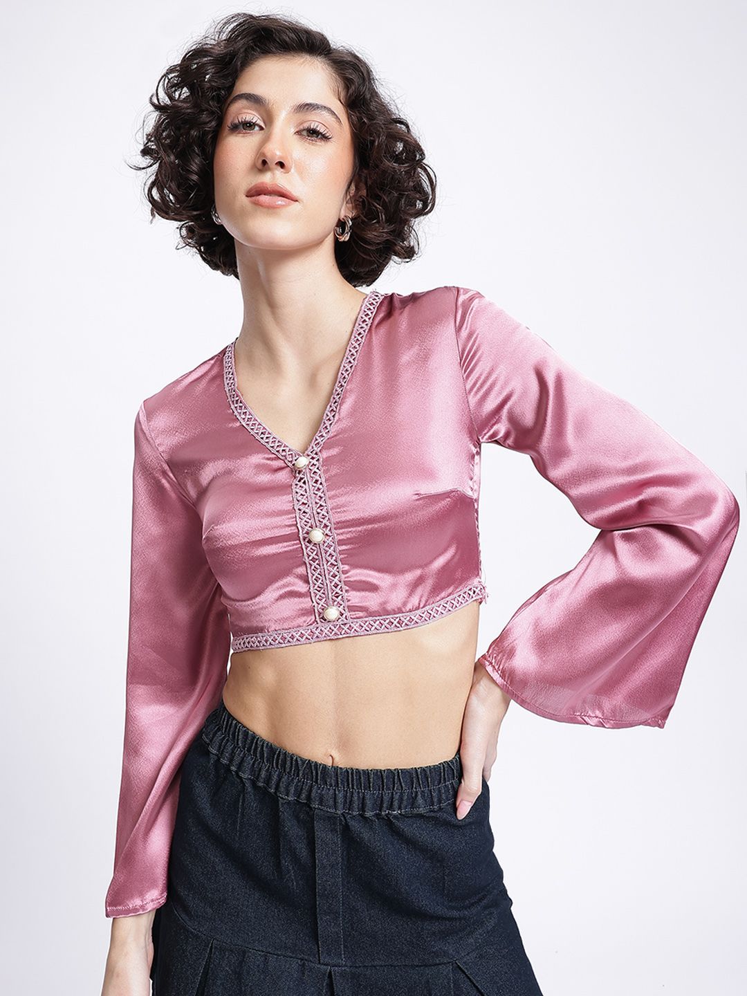 DressBerry Bell Euphoria Satin-Finish Fitted Crop Top