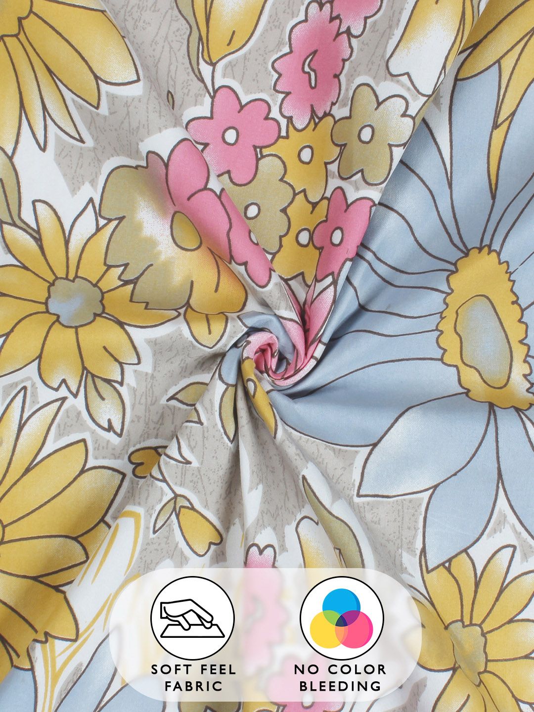 Story@home Arena Beige & Yellow Floral Printed 180 TC Queen Bedsheet & 2 Pillow Covers