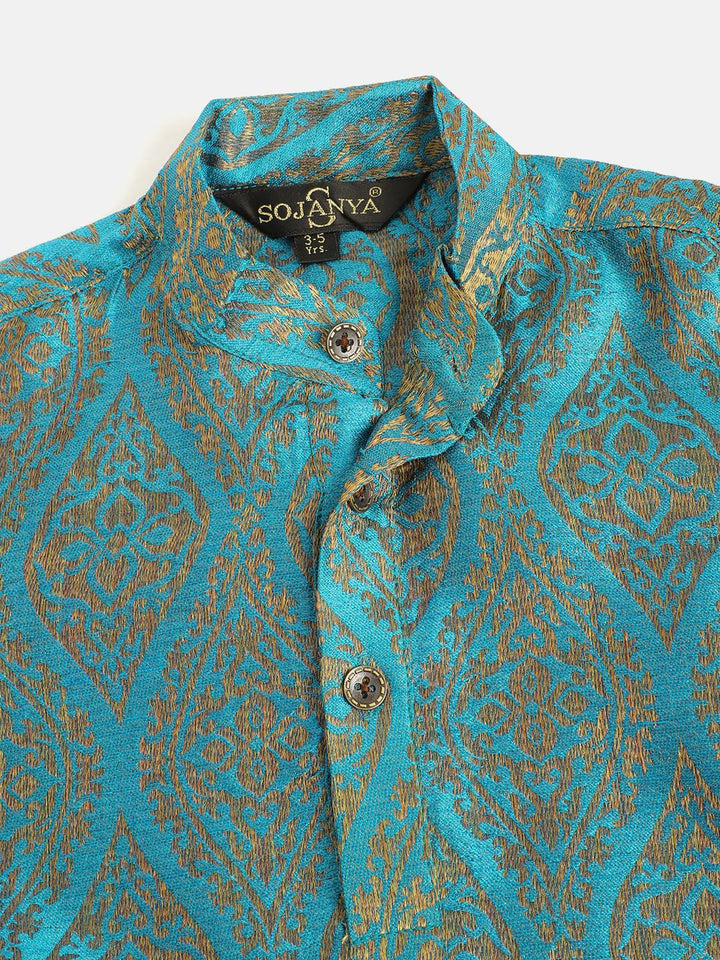 SOJANYA Lelaki Biru & Kuning Motif Etnik Rekaan Tenunan Jacquard Tenunan Kolar Jalur Kurta