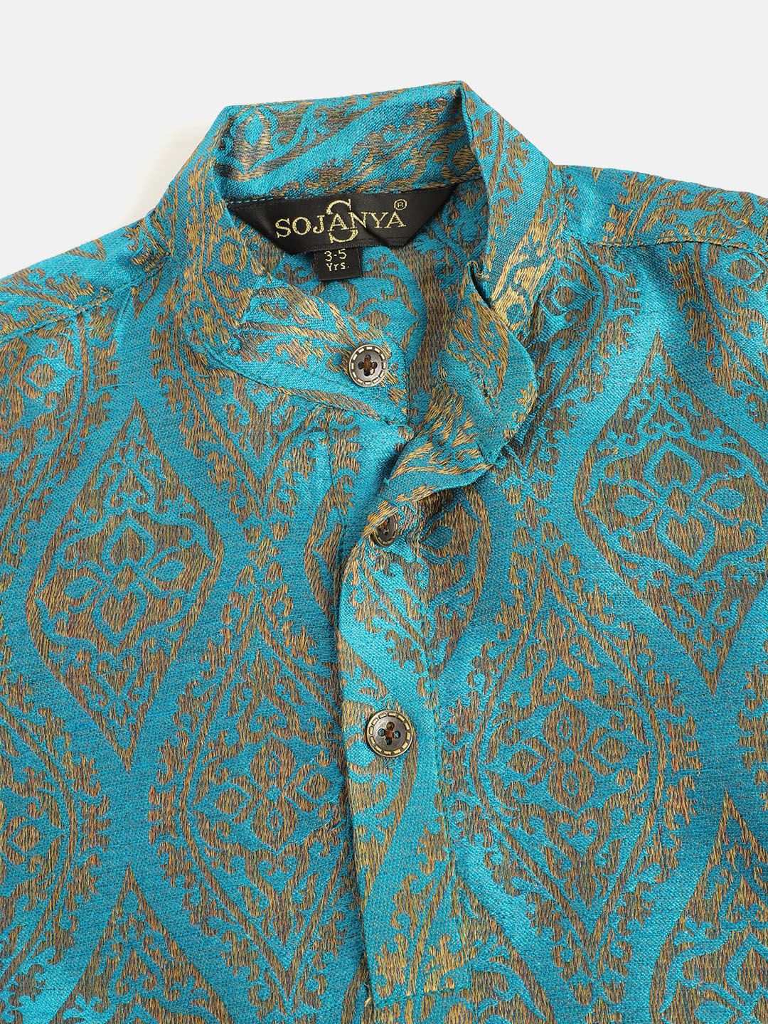 SOJANYA Lelaki Biru & Kuning Motif Etnik Rekaan Tenunan Jacquard Tenunan Kolar Jalur Kurta