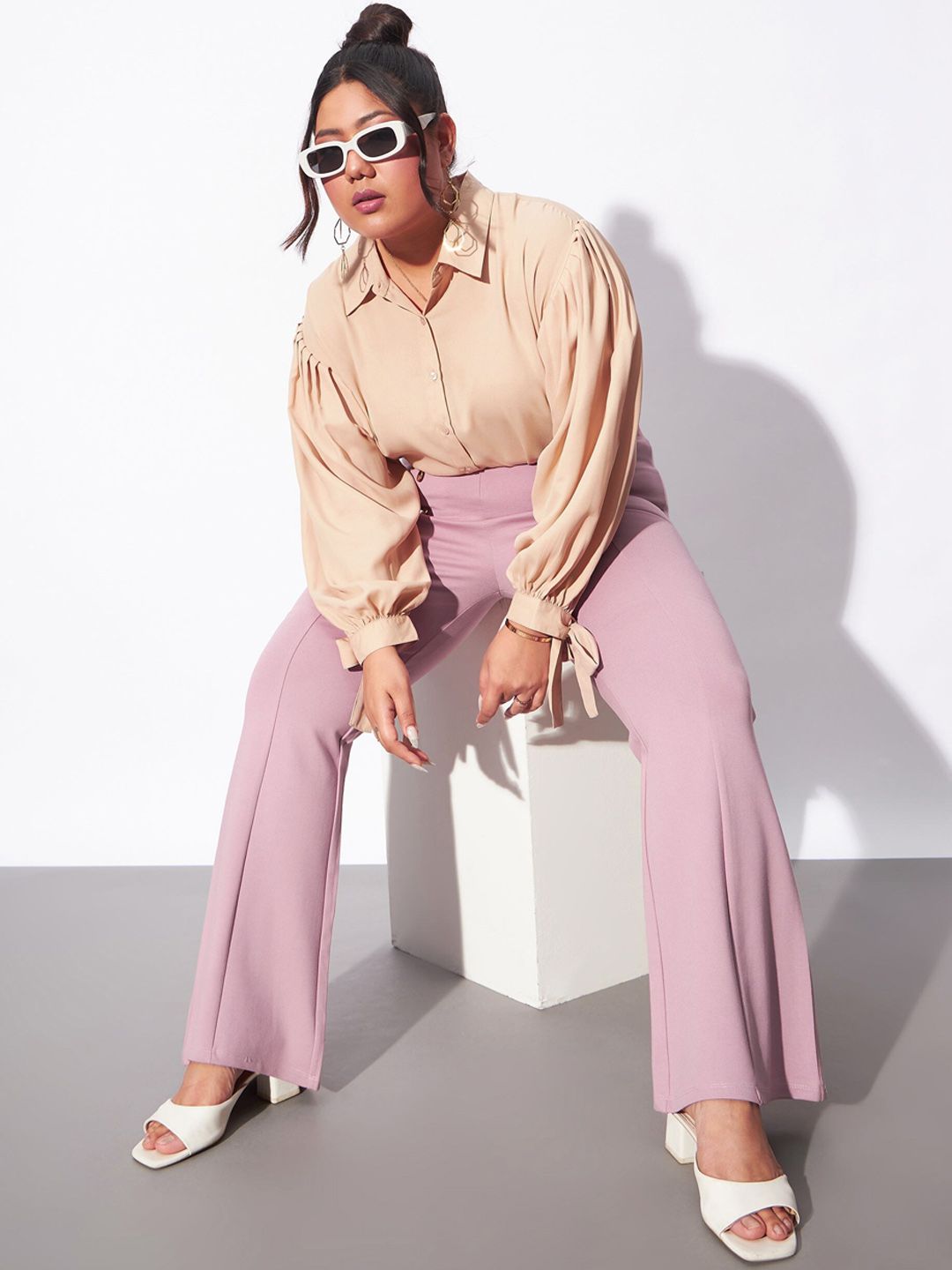 SASSAFRAS Curve Women Plus Size Pink Flared High-Rise Bootcut Trousers
