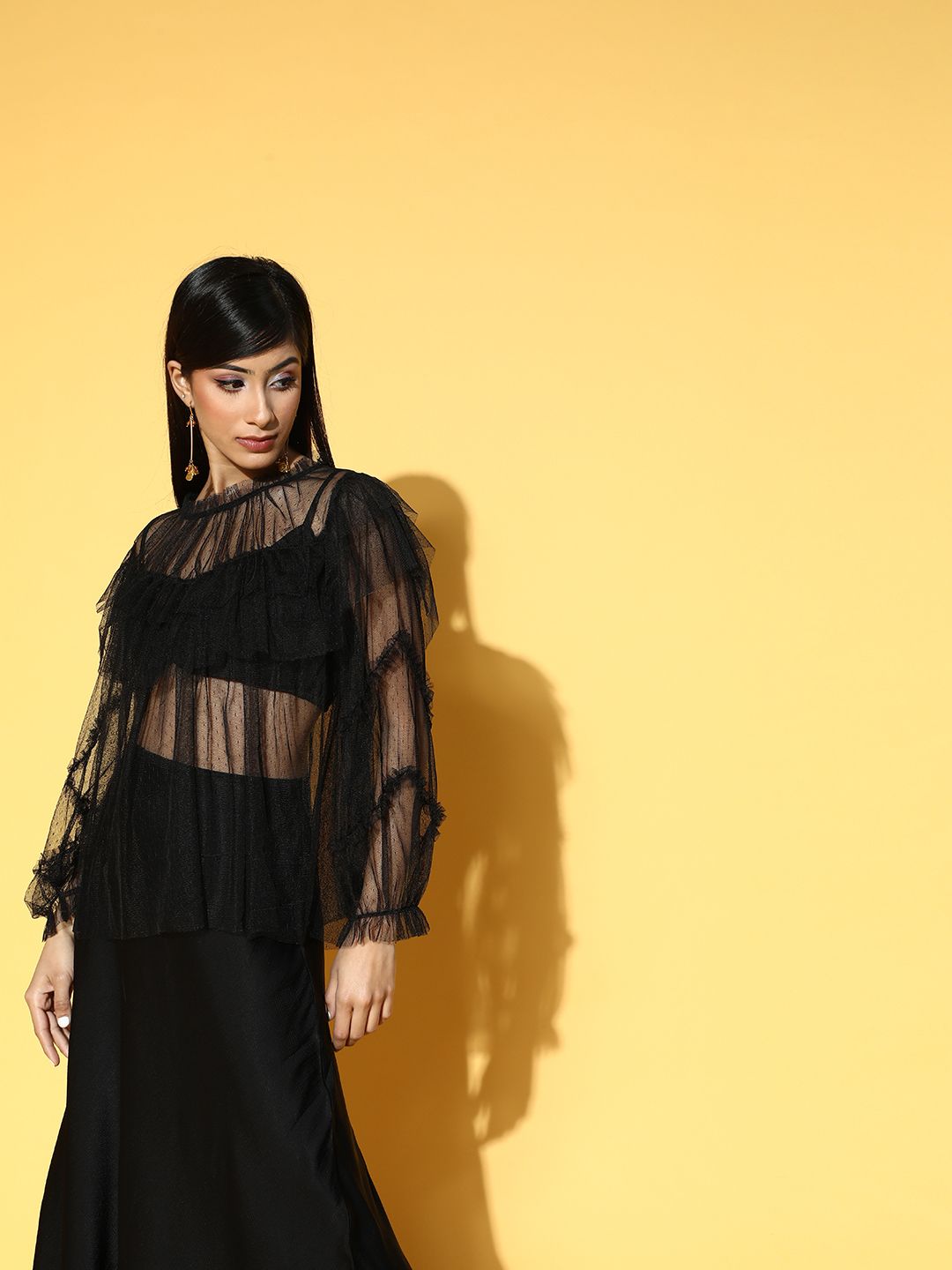 Antheaa Women Stylish Black Solid Sheer Top