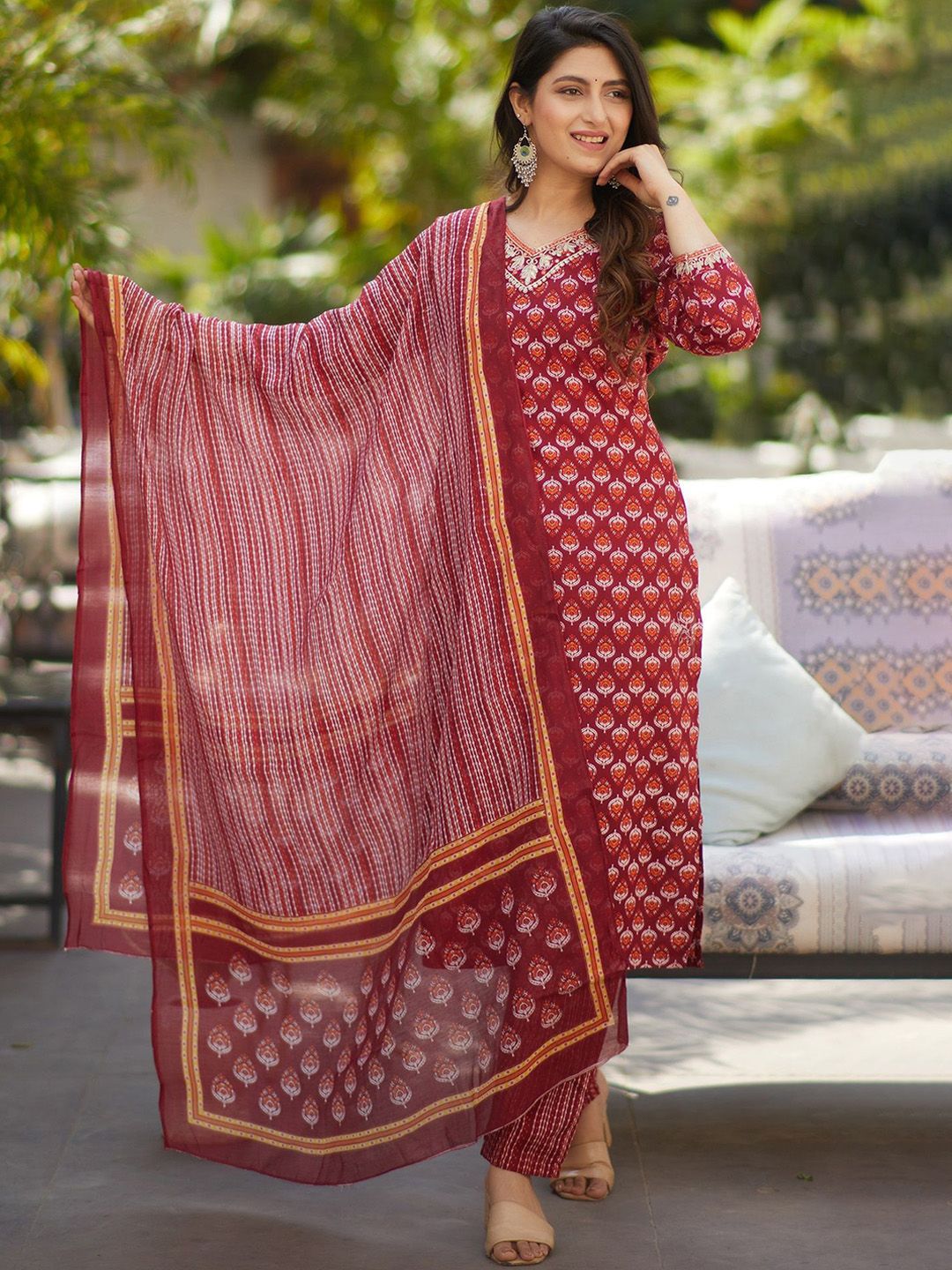 KALINI Women Floral Printed Regular Thread Work Kurta with Trousers & With Dupatta