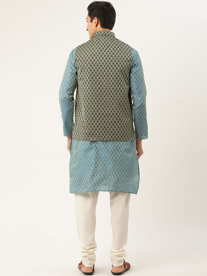 SOJANYA Kurta Motif Etnik Biru & Hijau Lelaki dengan Jaket Churidar & Nehru