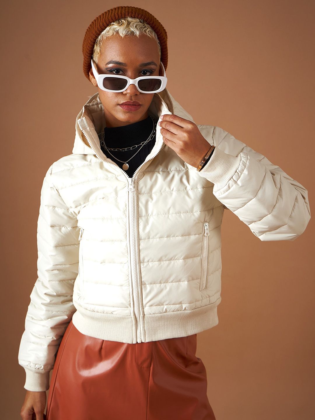 SASSAFRAS Beige Hooded Cropped Bomber Jacket