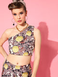 SASSAFRAS Brown & Yellow Floral Print One Shoulder Crop Top