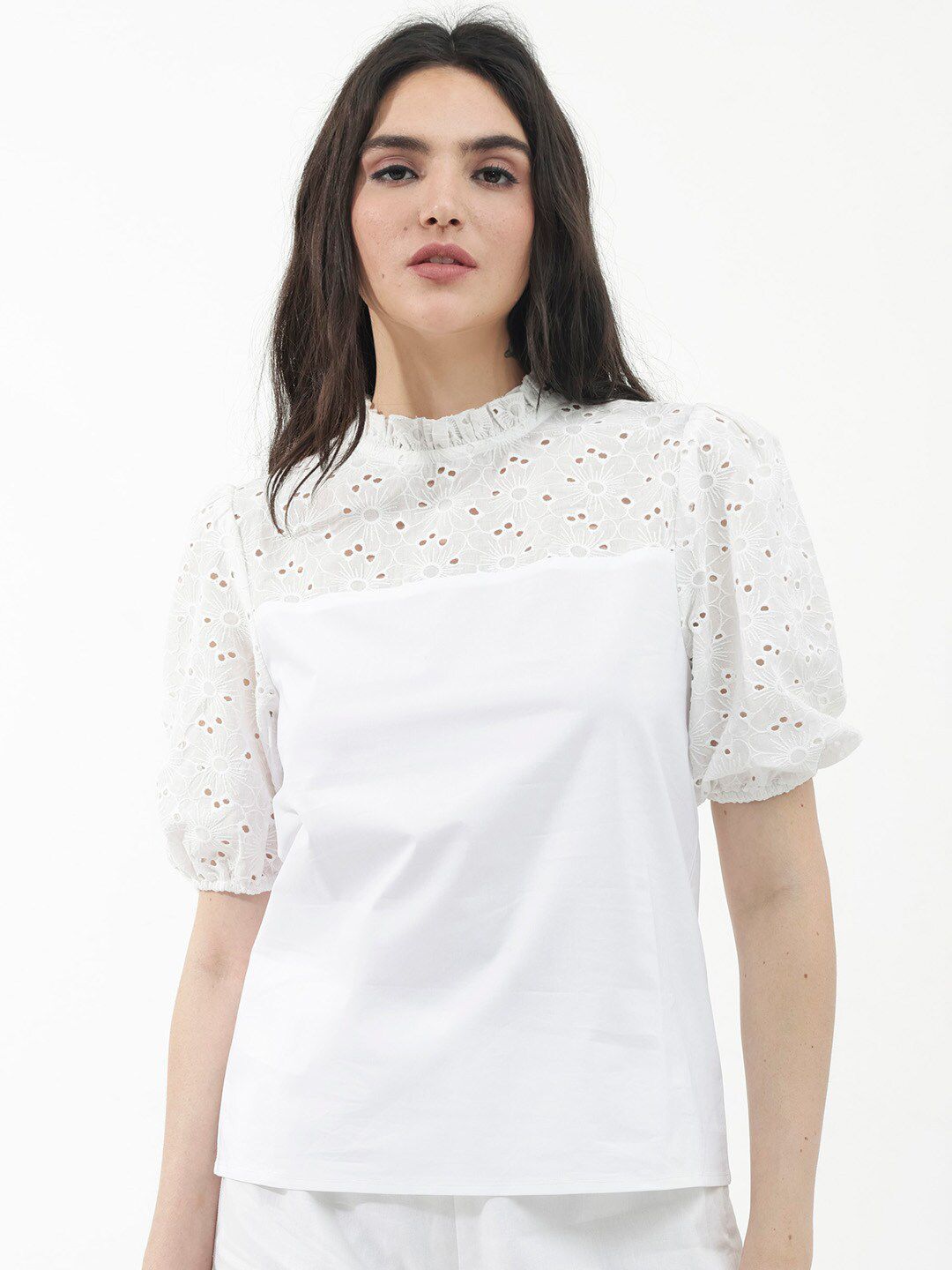 RAREISM Floral Embellished Puff Sleeve Cotton Top
