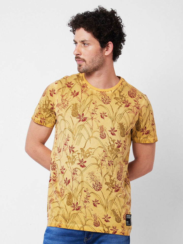 SPYKAR Floral Printed Pockets Round Neck Pure Cotton Slim Fit T-shirt
