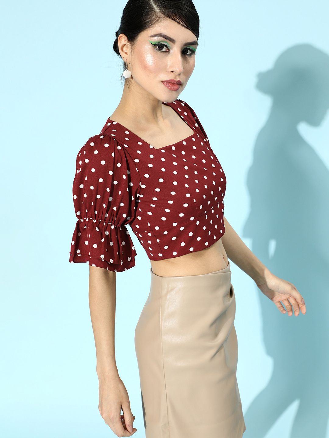 Berrylush Women Red Polka Dotted Cropped Top