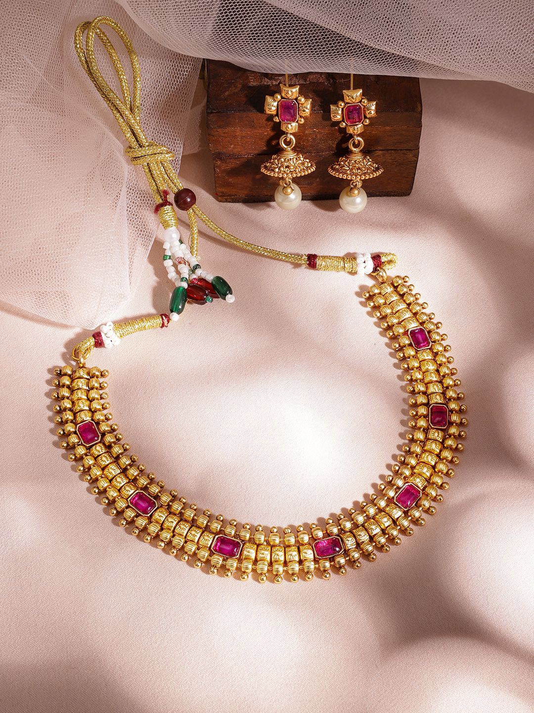 Rubans 22K Gold Plated Handcrafted Ruby Stone Studded and Gold Beaded Jewellery Set