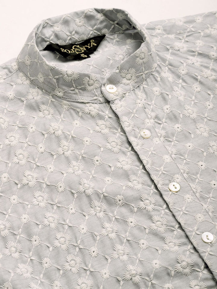 SOJANYA Men Grey Chikankari Embroidered Kurta with Churidar & Nehru Jacket