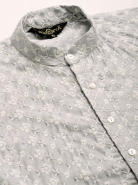 SOJANYA Men Grey Chikankari Embroidered Kurta with Churidar & Nehru Jacket