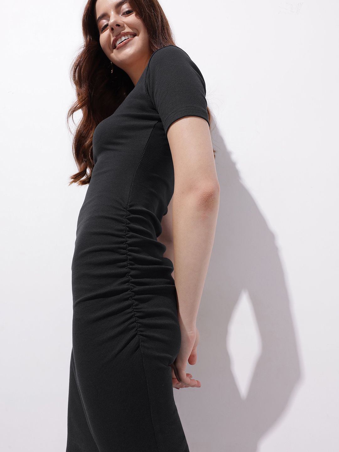 DressBerry Noir Nectar Ruched Sheath Midi Dress