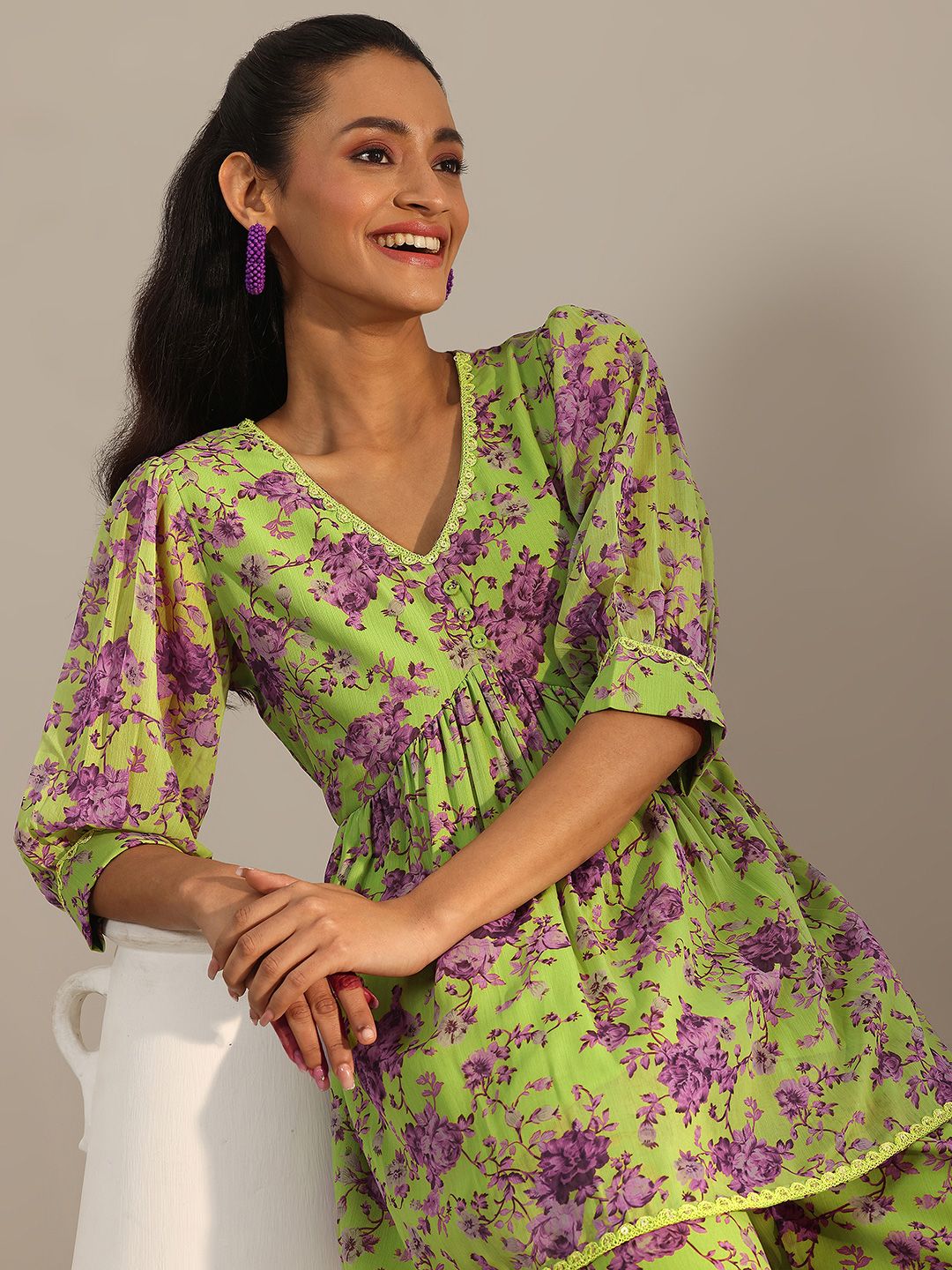 Libas Plus Size Floral Embroidered Straight Kurta With Palazzo & Dupatta