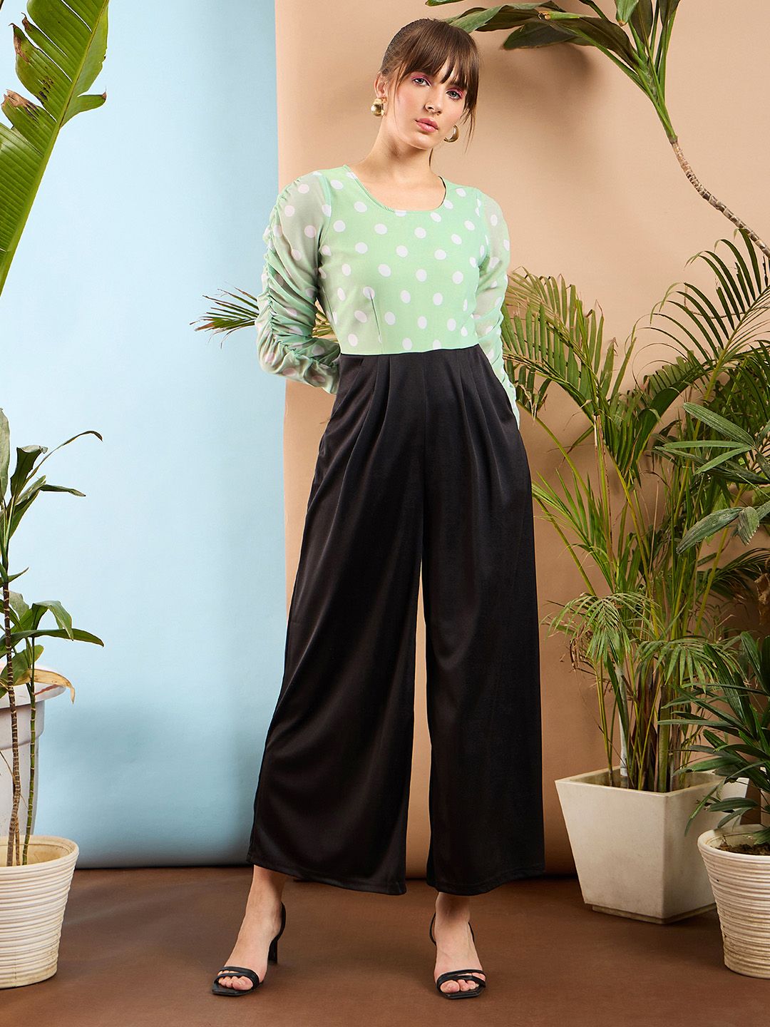 SASSAFRAS Sea Green and Black Colourblocked Smocked Jumpsuit