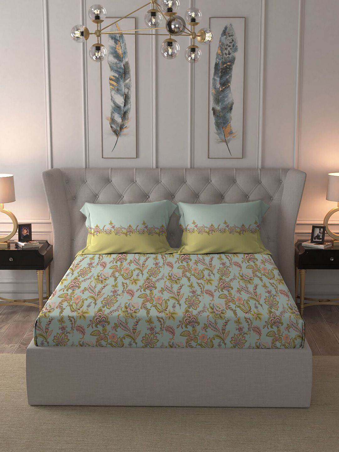 MYTRIDENT Blue  White Floral Pure Cotton 144 TC Queen Bedsheet With 2 Pillow Covers