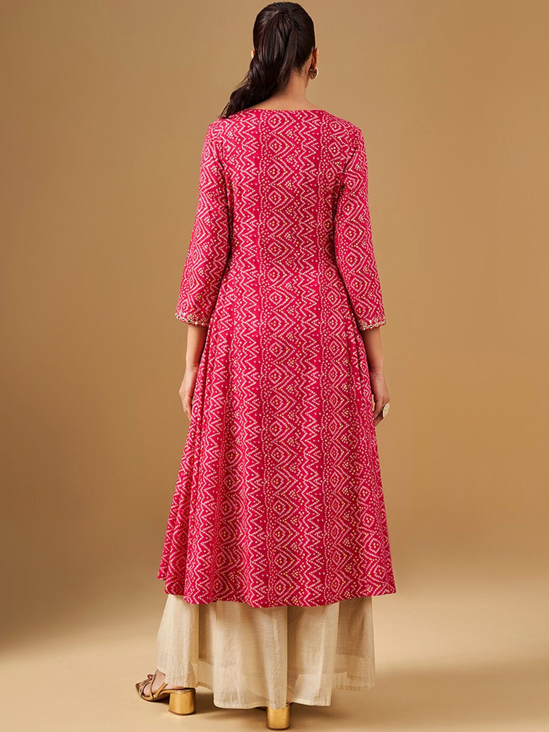 Global Desi Ethnic Motifs Printed Round Neck Mirror Work Anarkali Kurta