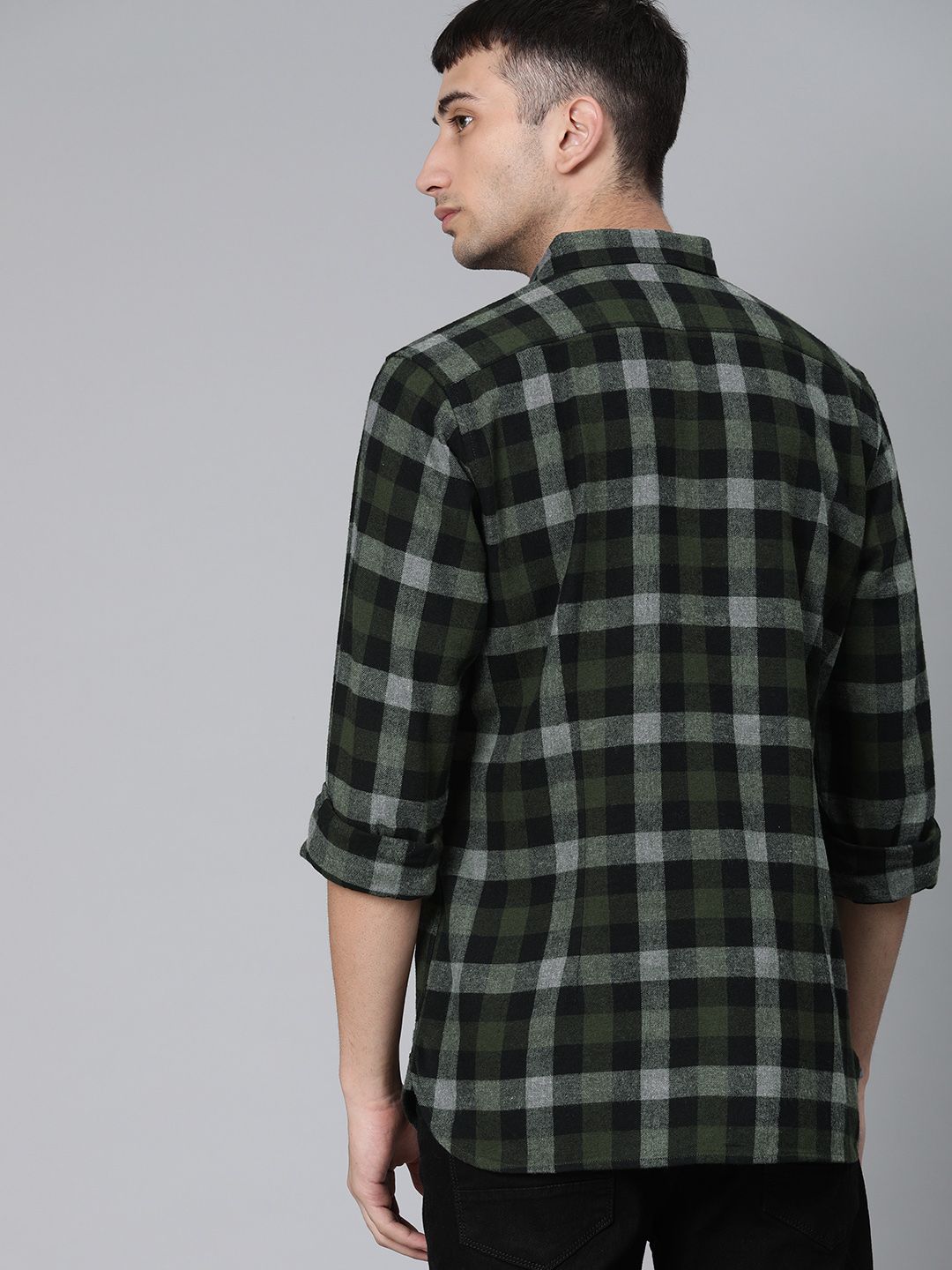 THE BEAR HOUSE Men Olive Green & Grey Slim Fit Checked Flannel Casual Shirt