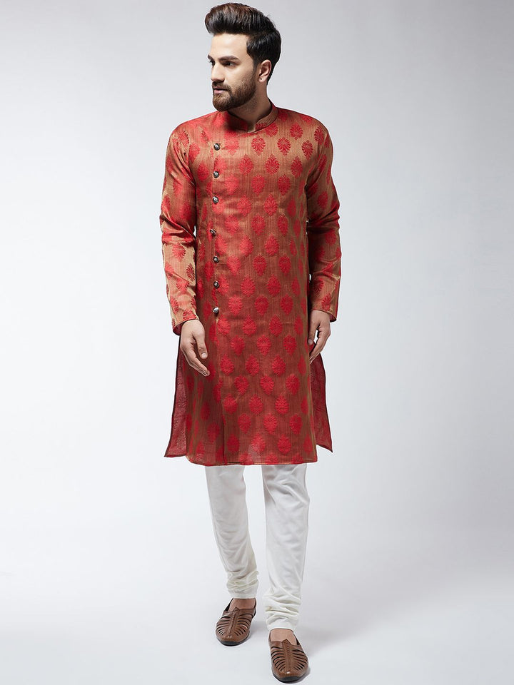 SOJANYA Kurta Lurus Bersulam Merah & Beige Lelaki