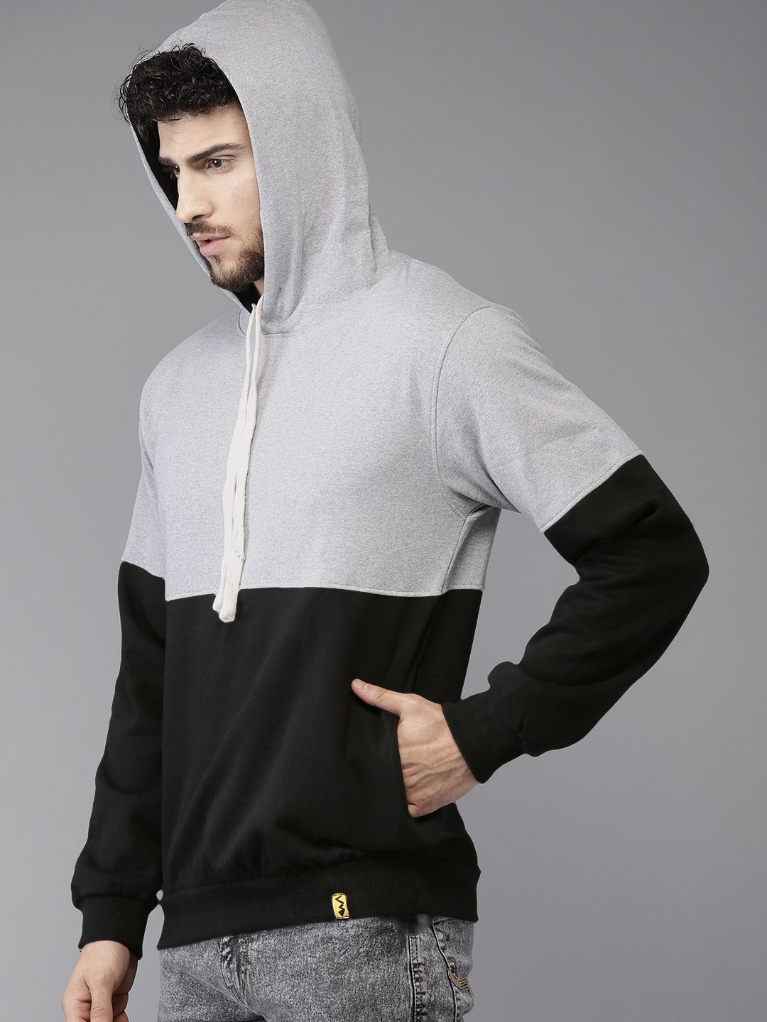 Campus Sutra Men Black & Grey Colourblocked Hooded Sweatshirt
