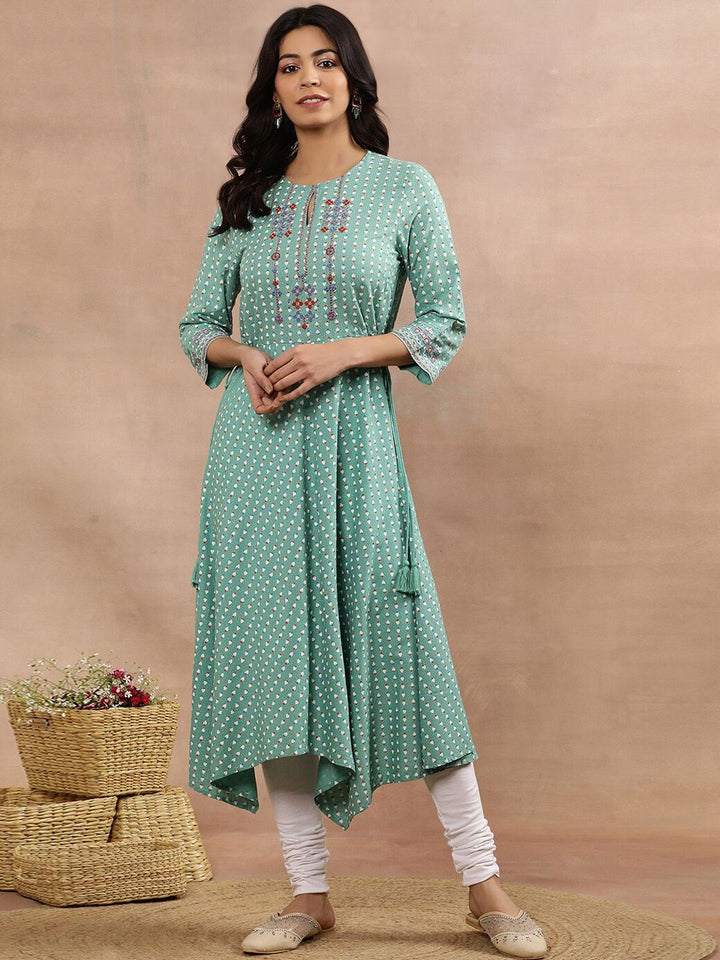 W Green Geometric Printed Keyhole Neck Anarkali Kurta Set