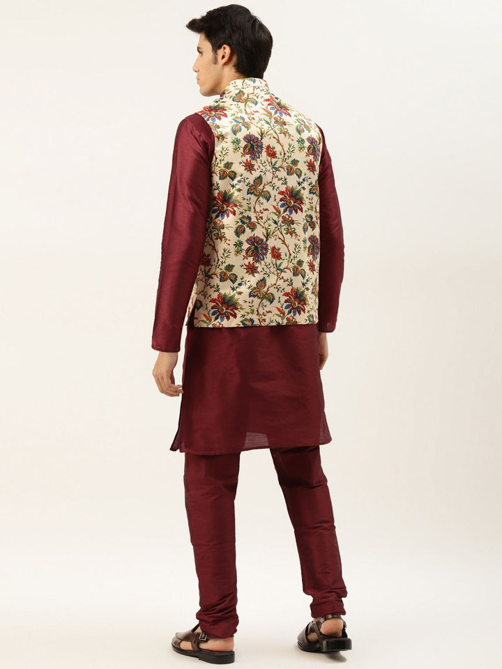 SOJANYA Men Maroon Kurta with Churidar & Nehru Jacket