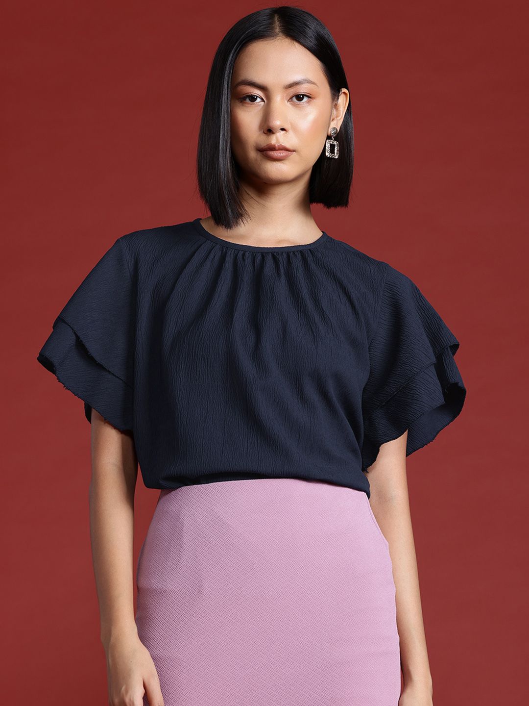 all about you Flutter Sleeve Ruffles Indigo Top