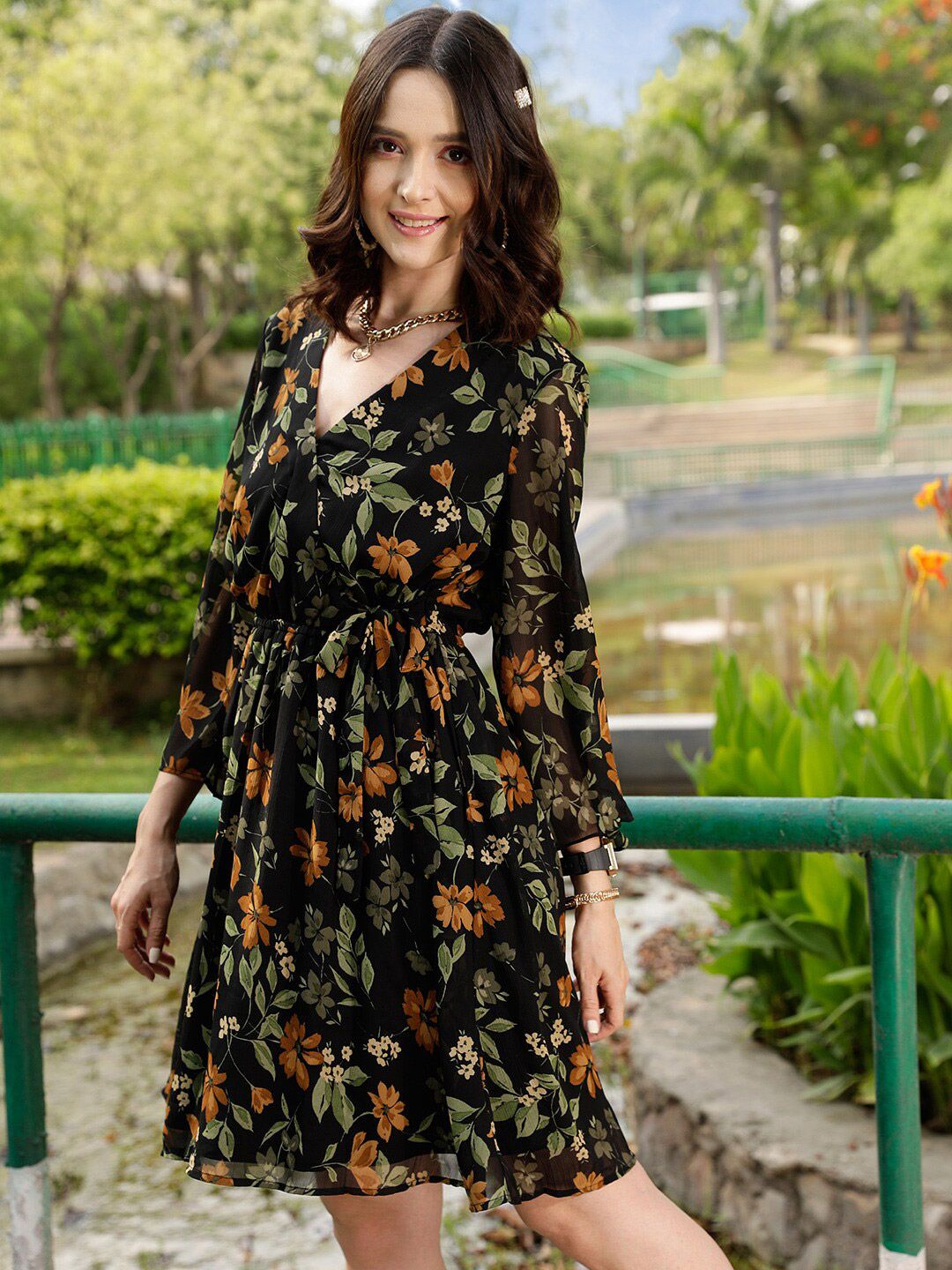 STREET 9 Black & Green Floral Printed Wrap Dress