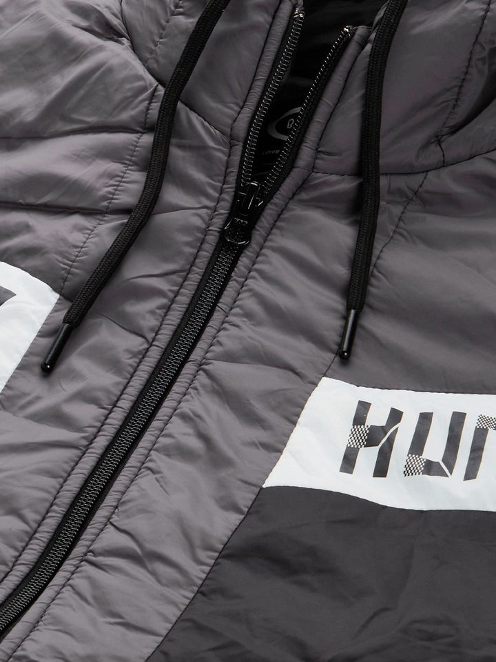 Being Human Men Grey Striped Hooded Padded Jacket with Brand Logo Detail