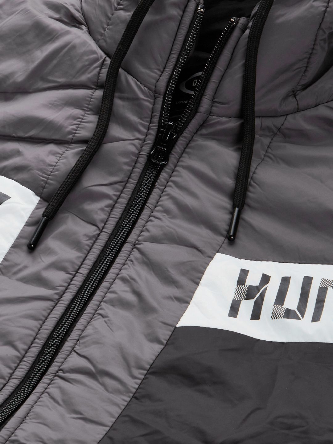 Being Human Men Grey Striped Hooded Padded Jacket with Brand Logo Detail