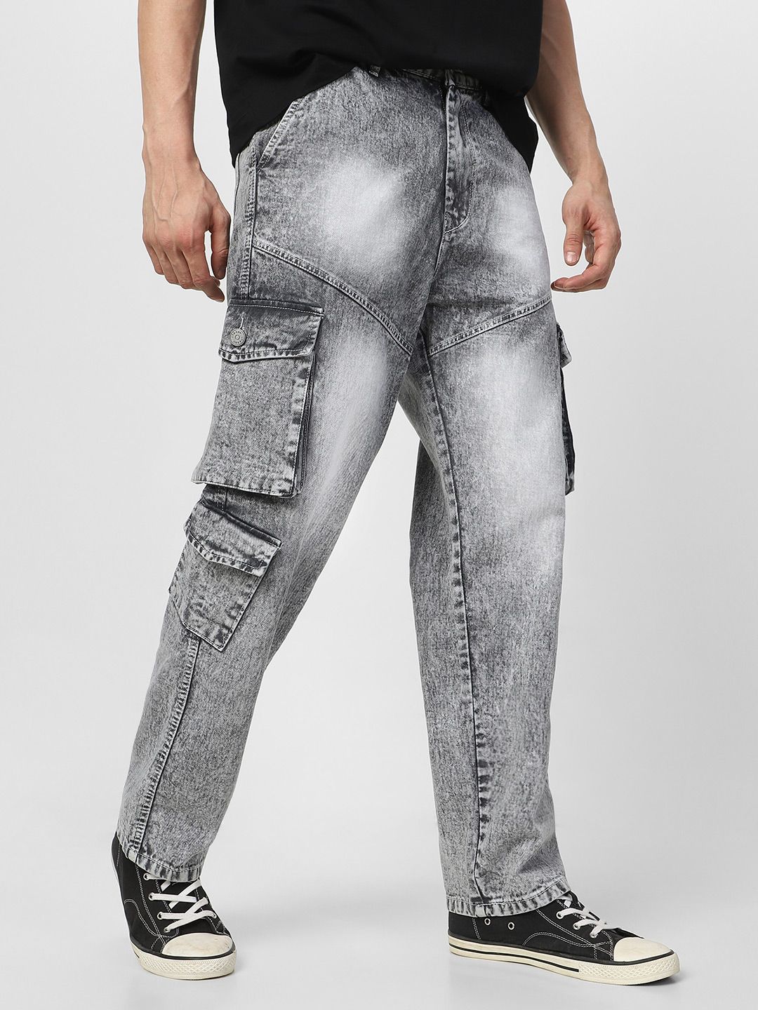 Urbano Fashion Men Ice Grey Loose Fit Cargo Jeans With 7 Pockets Non-Stretchable