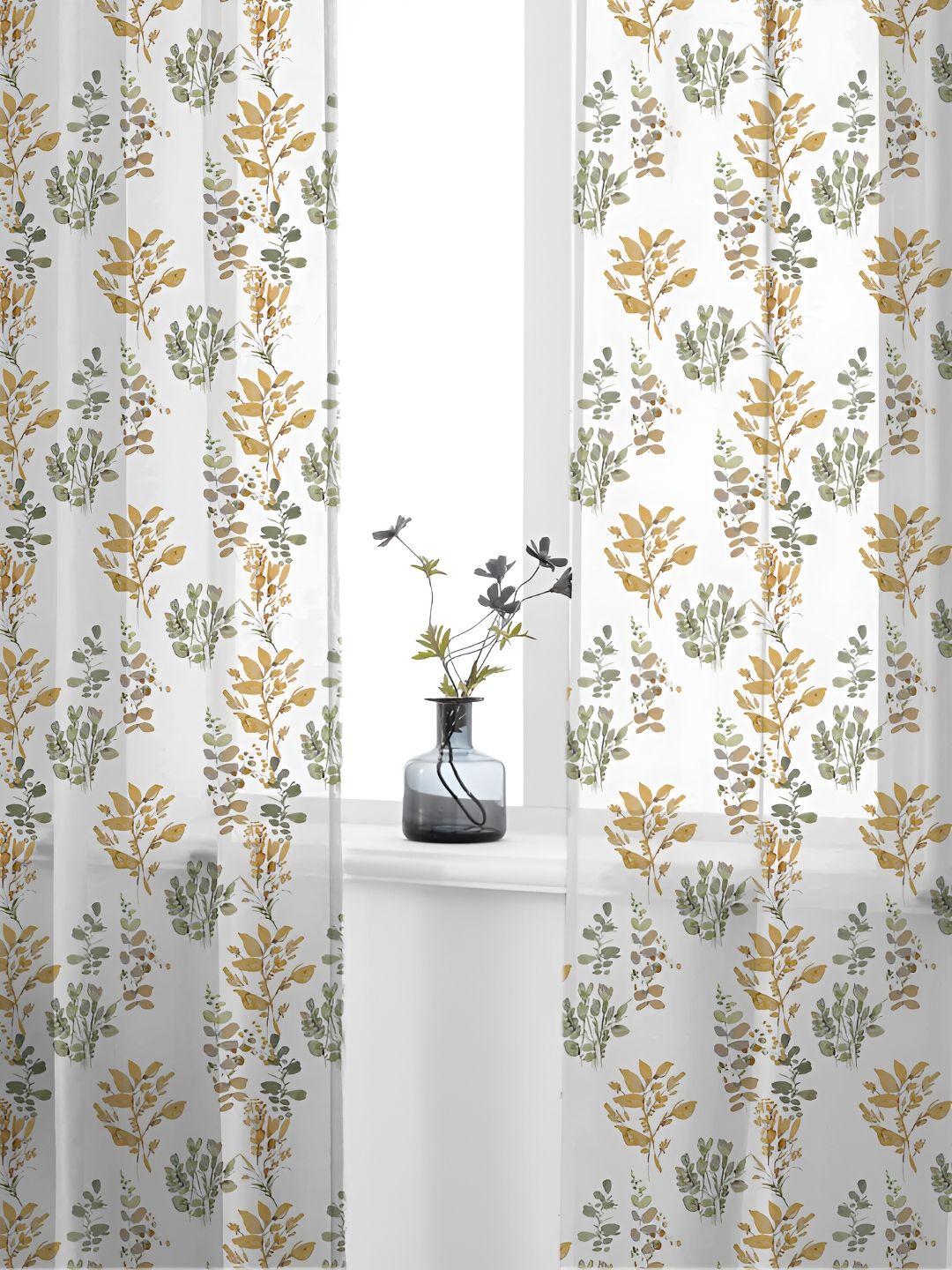 URBAN SPACE White & Yellow 2 Pieces Floral Printed Sheer Long Door Curtains