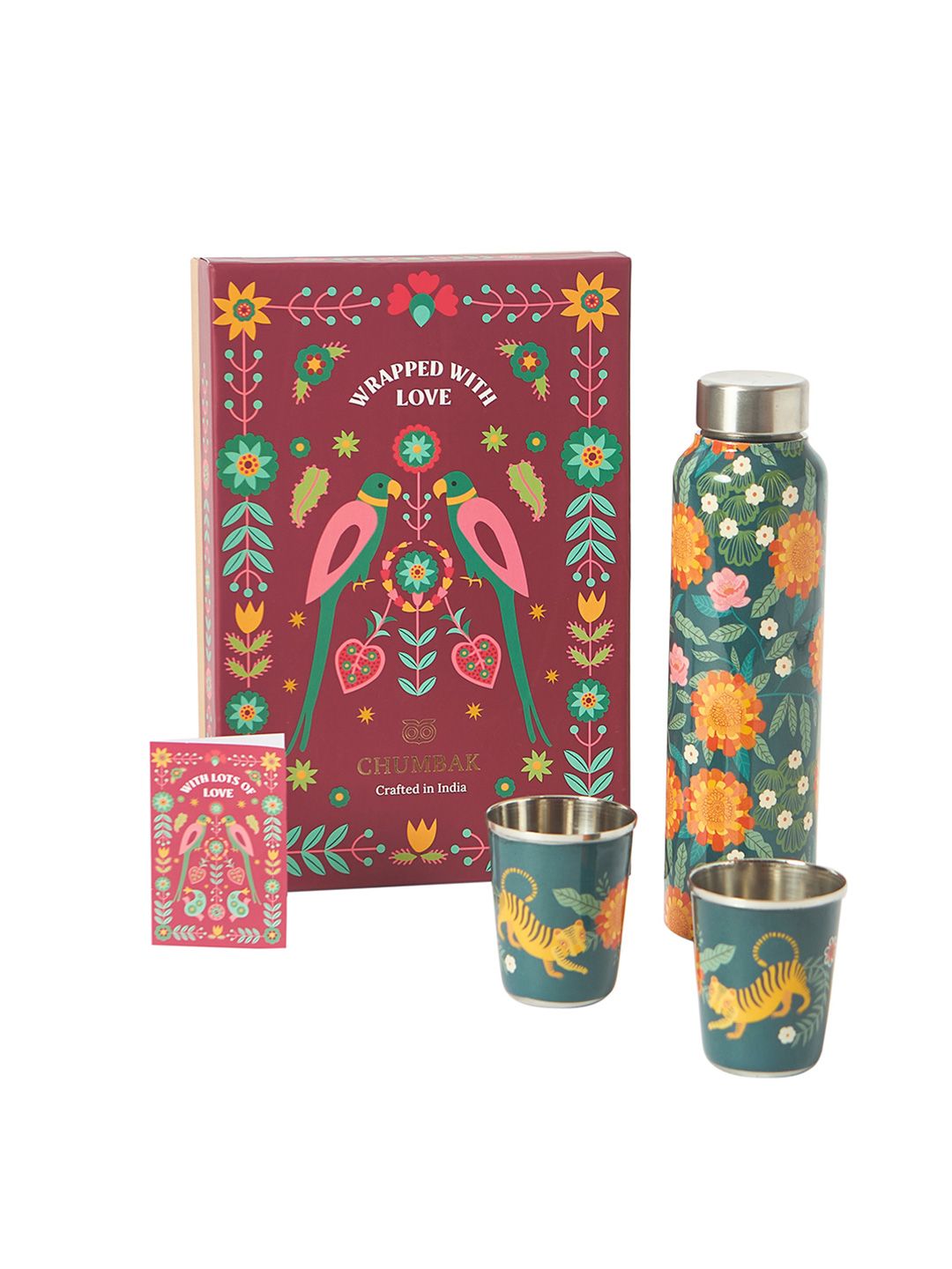 Chumbak Marigold Green & Yellow 3 Pieces Printed Stainless Steel Drinkware Gift Set
