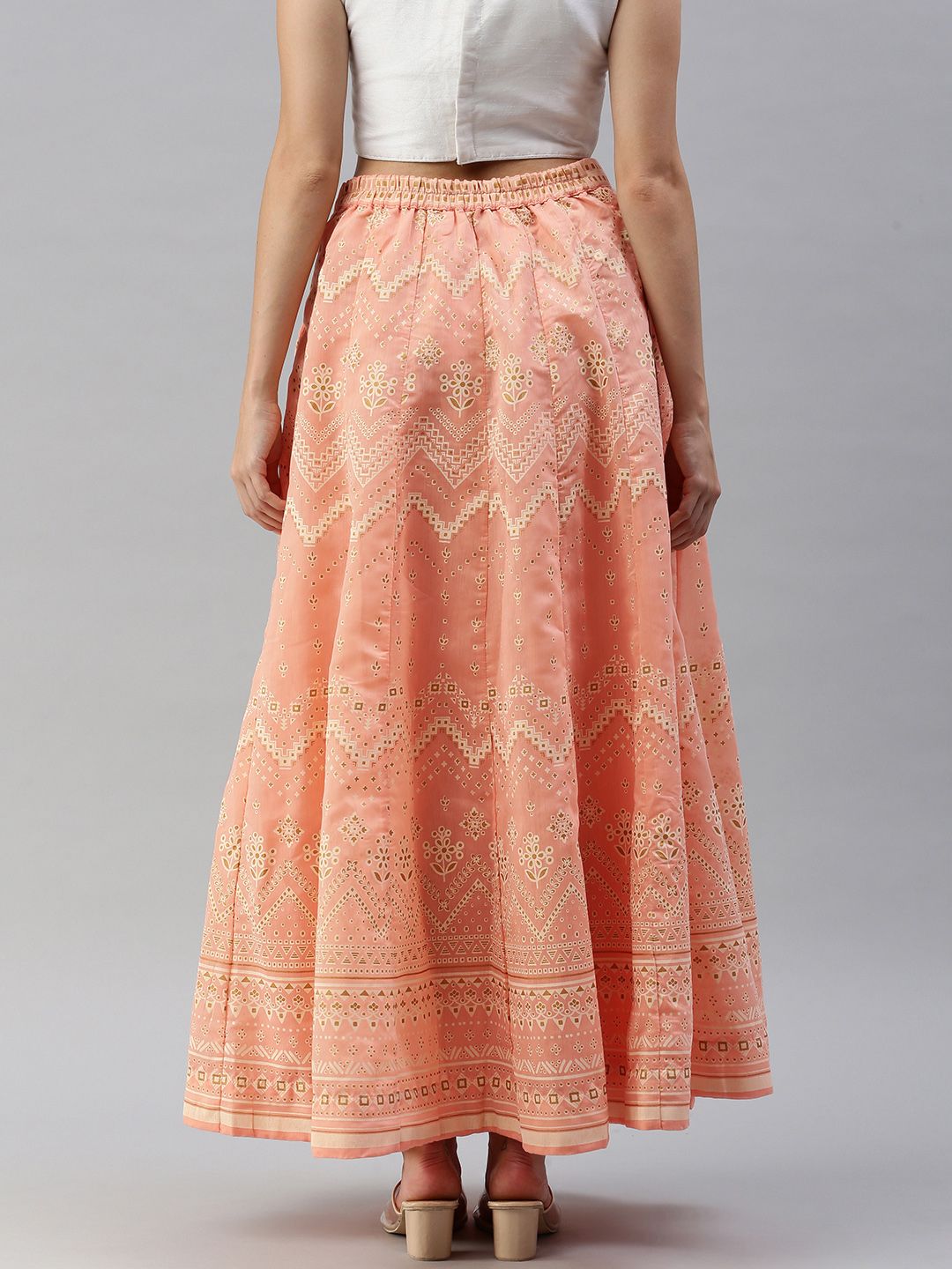 Global Desi Women Peach & Off White Printed Paneled Flared Skirt