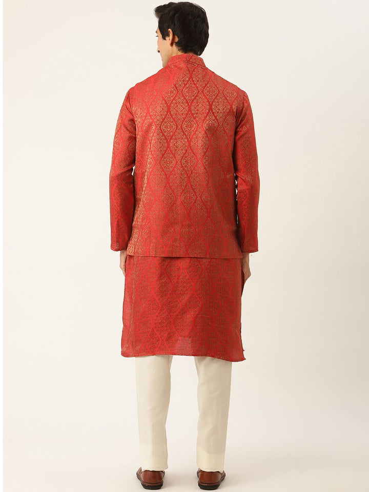 SOJANYA Set Kurta Motif Etnik Merah Lelaki Dengan Jaket Nehru