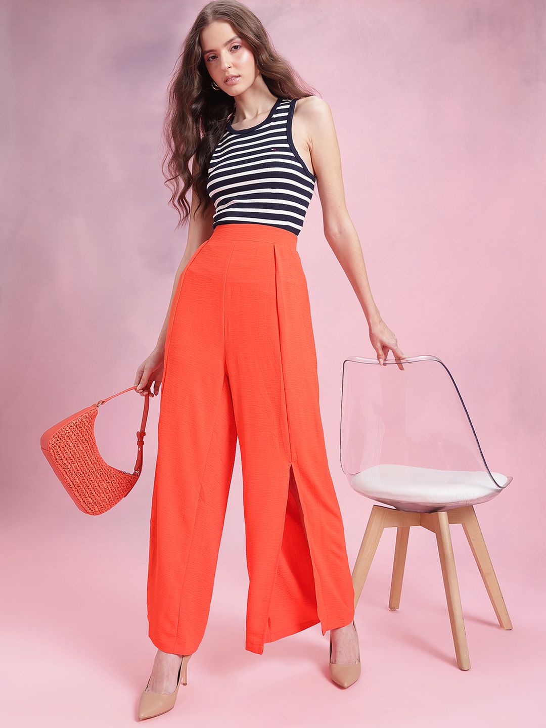 DressBerry Women Mid-Rise Flared Fit Pleated Detail Parallel Trousers with Front Slits