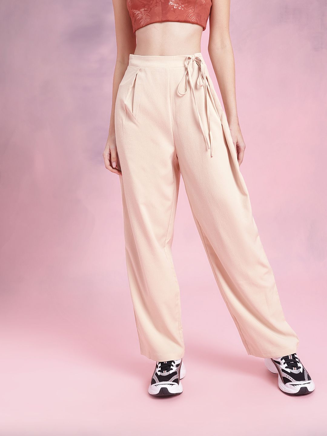 DressBerry Women Soft & Sleek Pleated Waist Tie-Up  Loose Fit Trousers