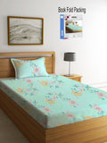 KLOTTHE Green Floral Cotton 300 TC Single Cadar Halus dengan Sarung Bantal-87 x 59 inci