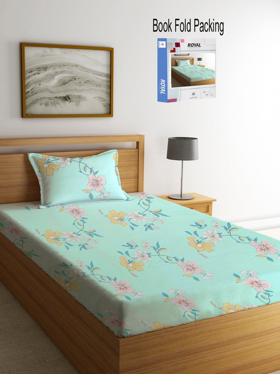 KLOTTHE Green Floral Cotton 300 TC Single Cadar Halus dengan Sarung Bantal-87 x 59 inci
